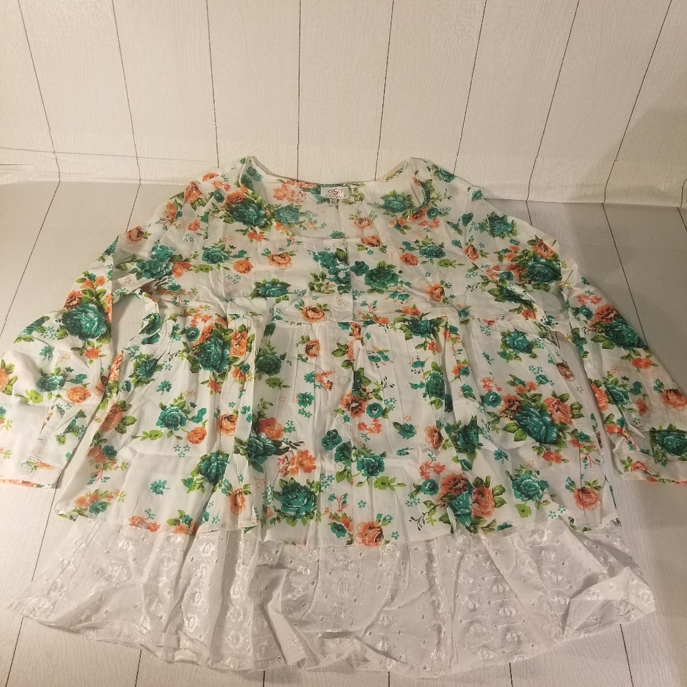 OSO Casuals XL Floral Teal/Orange Blouse Button Down Long Sleeved Shirt NWOT